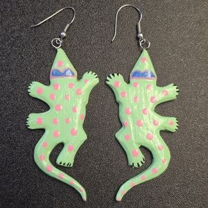 Playful Green Gecko Drop Earrings with Pink Polka Dots